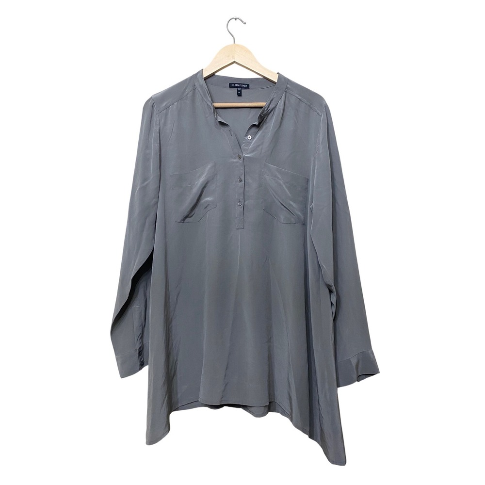 Eileen Fisher Gray 100% Silk Long Sleeve Henley Tunic Blouse Gray Medium